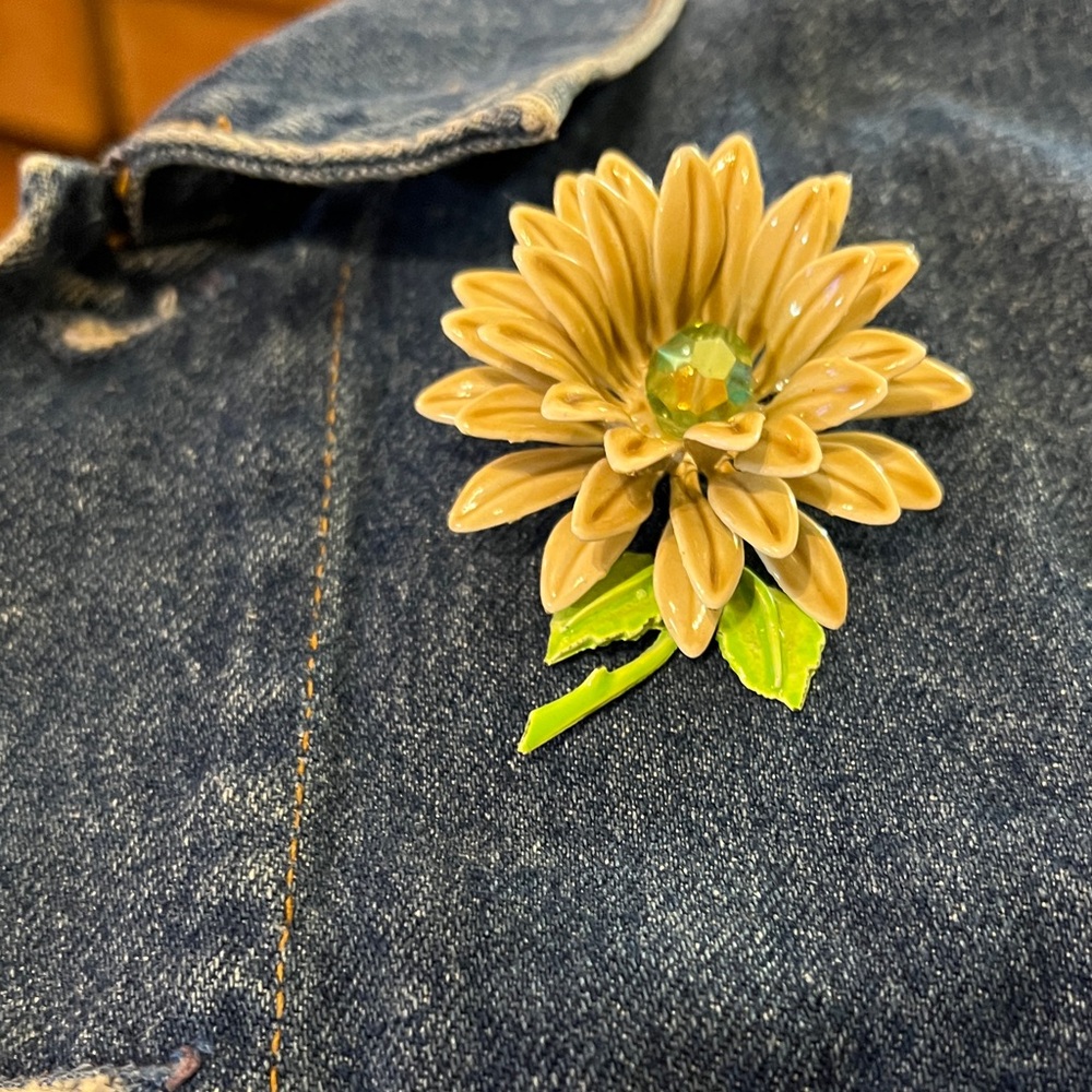 Enameled Floral Brooch with Green Accents